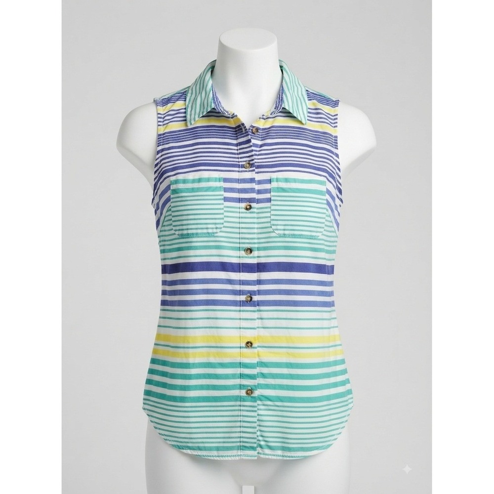 Merona Womens Beach Sleeveless Button Down Striped Shirt Blue Green Rayon S